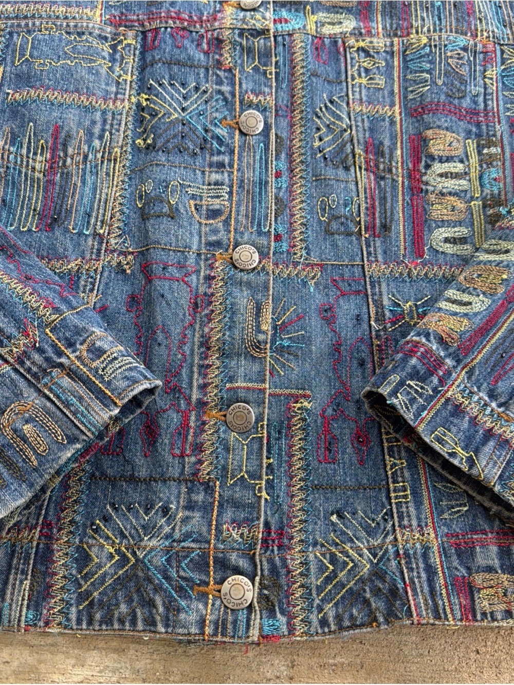 Chico's Multicolor Embroidered Tribal Blue Denim Jacket Size 3/ XL? - Picture 2 of 16